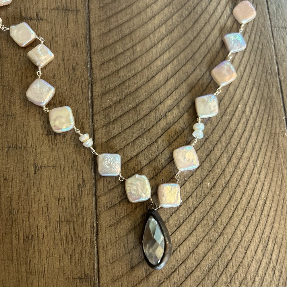34" NECKLACE PEARL COLOR SQUARE PEARLS;  STERLING SILVER CRYSTAL CHARM; NEW